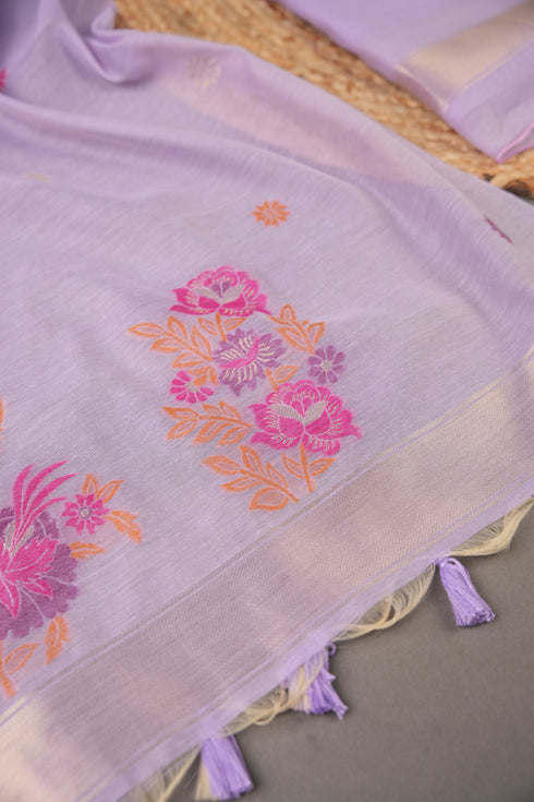 Cotton Bloom Lavender Muga Cotton Unstitched Suit Set